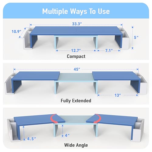Simple Houseware Desk Dual Monitor Stand Riser with Drawer, Blue | Customizable Organizer Tray, Built-In Phone & Tablet Slot and Side Storage - color: Blue