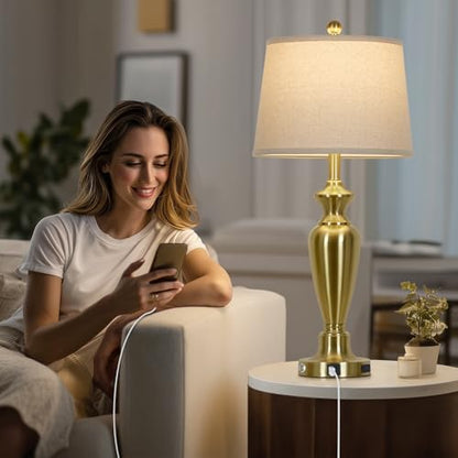 Cinyirong 30" Tall Gold Table Lamp for Living Room, 3-Way Dimmable Touch Control Bedside Lamp for Bedroom Nightstand with USB A+C Ports & AC Outlet (1 Pack) - color: Gold (1 Pack)