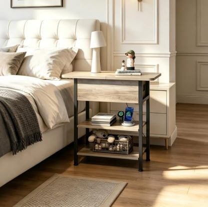 WLIVE 3-Tier End Table with Charging Station Flip Top Narrow Nightstand | 2 USB Ports+2 AC Outlets; Flip Top Hidden Storage; 2 Open Shelves; Small Space Living Room Bedroom; Sturdy Carbon Steel Frame - color: Greige