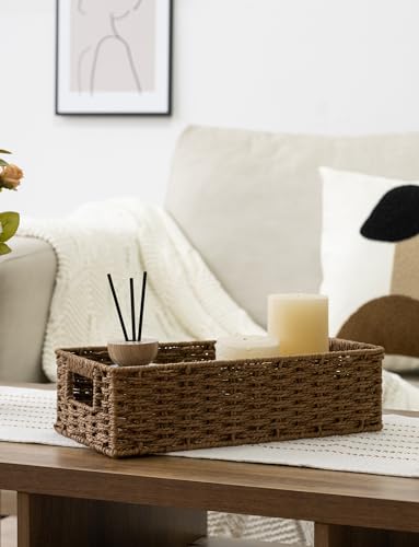 StorageWorks Toilet Tank Tray, Brown Round Paper Rope Bathroom Baskets for Organizing, Toilet Tank Basket, Toilets Organizer with Built-in Handles, 14 ¼"L x 6 ¾"W x 3 ¾"H, 1 Pack | Paper Rope Toilet Tank Tray for Tank Topper, Small Wicker Toilets Paper Ba