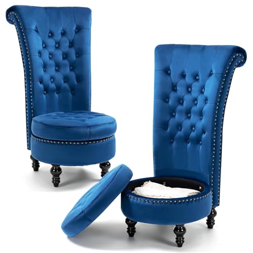AVAWING High Back Velvet Tufted Throne Chairs with Storage Set of 2, Blue | Tufted Nailhead Design; Hidden Storage; Soft Velvet; Sturdy Wood Legs 330Lbs; High Density Foam; Ergonomic Back - color: Blue