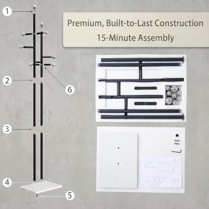 Entryway Coat Rack Freestanding, Black Metal Marble Base | 1.0mm thickened black metal tree with 8 stainless steel hooks. Anti-toppling heavy marble base for modern entryway. - color: black and white