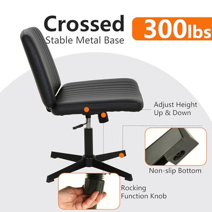 FDW | Criss Cross Chair Without Wheels | Black | Armless Desk Chair | With Wide Seat, 360 Swivel, Height Adjustable & Stable Metal Base | for Office, Home Office, Vanity Seating | Pack of 1 - color: Black, style: Without Wheels