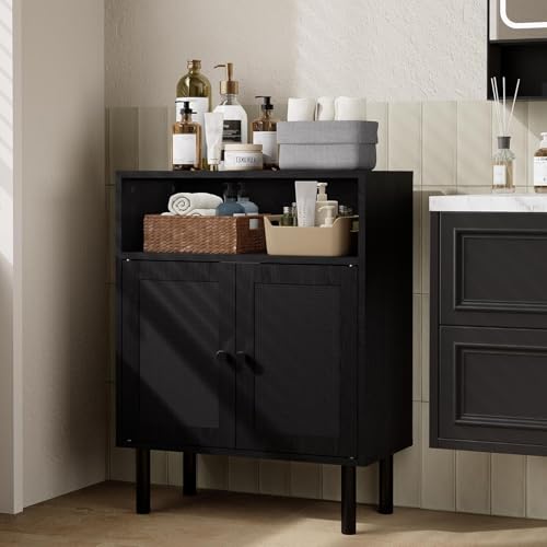 Rattan Storage Cabinet, Boho Accent Cabinet with Double Doors | Small Freestanding Sideboard for Hallway, Laundry Room,Kitchen, Dining Room, Entryway (Black) - color: Black