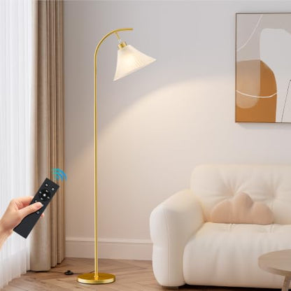 Gold Floor Lamp with Remote, Dimmable Glass Arc Standing Lamp, Ribbed Frosted Glass Shade, 3 Color Temperatures, Foot Switch, 9W LED Bulb for Living Room Bedroom Office - color: Gold
