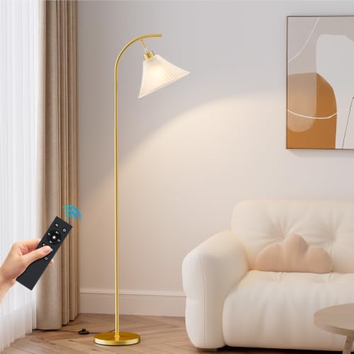 Gold Floor Lamp with Remote, Dimmable Glass Arc Standing Lamp, Ribbed Frosted Glass Shade, 3 Color Temperatures, Foot Switch, 9W LED Bulb for Living Room Bedroom Office - color: Gold