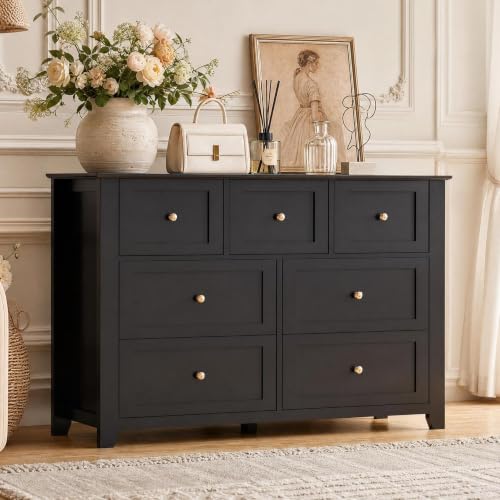GarveeHome Black 7 Drawer Dresser for Bedroom | Simply Modern Chest of Drawers, Wood Storage Double Dresser with Deep Drawers for Living Room, Hallway Entryway - color: Black, size: 15.8"D x 54"W x 31.5"H (7 Drawers)