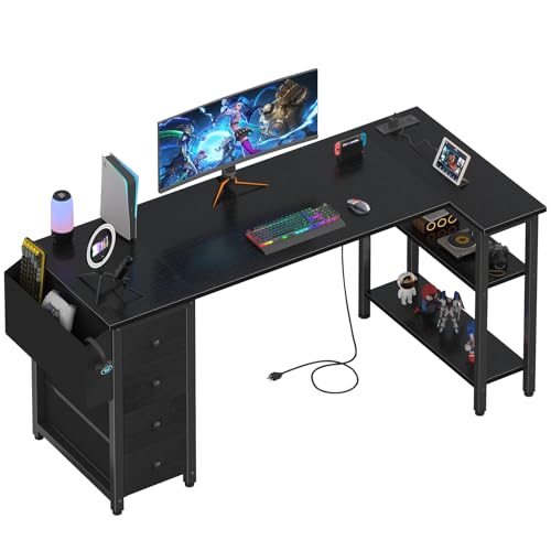 Lufeiya L Shaped Gaming Desk with Drawers & Storage Shelves, 63 Inch Corner Computer Desk with Power Outlet for Home Office Bedroom, L-Shaped Teen PC Desks with Fabric Drawer, Black - color: Black, size: 63"