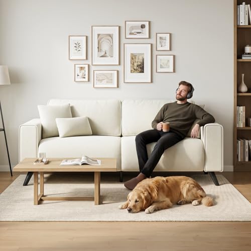 85" Loveseat Sofa, Chenille Couch with Deep Seat, Warm White | Clean-look modern couch with 4 pillows, hidden side pockets, easy assembly for living rooms, apartments, and offices - color: Warm White