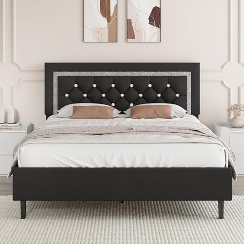 BarnFurin Full Size Bed Frame with Tufted Button Headboard, Black | Upholstered Platform Bed Frame with Diamond Design, Wood Slat Support, No Box Spring Needed, Easy Assembly - color: Black, size: Full