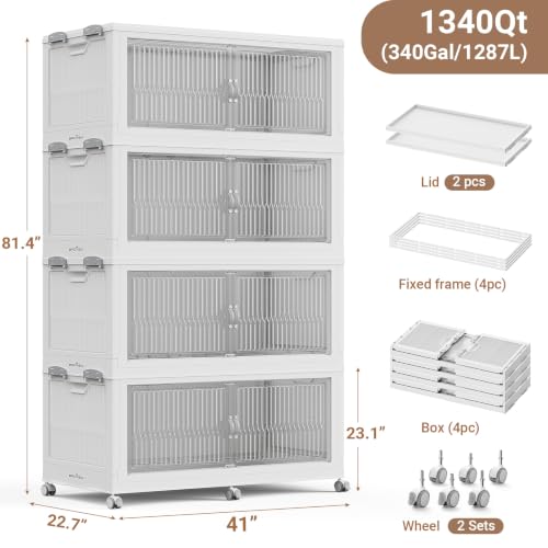 BROVIEW 1360QT Extra Large Stackable Storage Bins with Lid, 4Pack White | 340Gal Plastic Collapsible Cabinets Containers, Wheels & PET Doors, Foldable Closet Organizers Drawers for Office, Dorm - color: White, size: 85Gal-4Pack