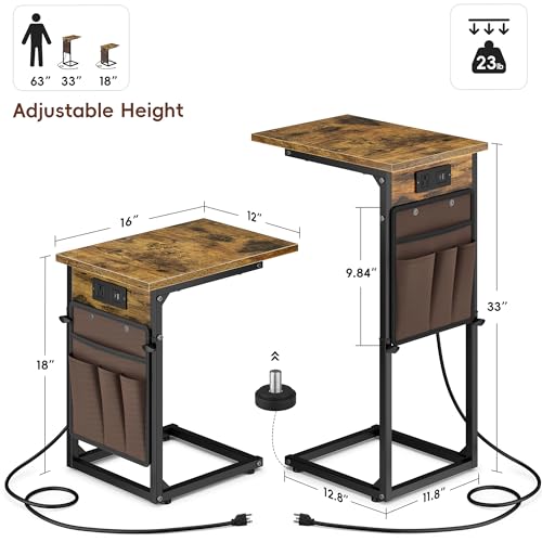 C Shaped End Table with Charging Station, Adjustable Height Side Table for Couch, Small Sofa Table with Storage Bag, Slide Under Sofa TV Tray Snack Arm Tables for Living Room, Bedroom, Brown - color: Rustic Brown, style: With Plug