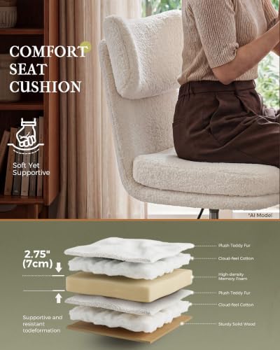 COMHOMA Vanity Chair with Ergonomic Curved Backrest, Home Office Desk Chair with Silent Wheel, Wide Seating Computer Chair for Girls Women Bedroom, Soft Teddy Fabric, White - color: White, Teddy Fleece