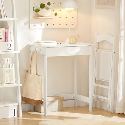 Haotian Small Desk with Drawers, Mini Writing Table, Vanity Table Computer Workstation Children Teenagers Desk with Hooks, White FWT43-W