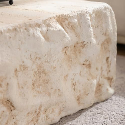 35.43'' Square Faux Stone Coffee Table, MgO Concrete Drum Center Table, Modern Minimalist Faux Marble Square Coffee Table for Living Room, Apartment, Office, No Assembly, Beige - color: 35.43'' Square Beige
