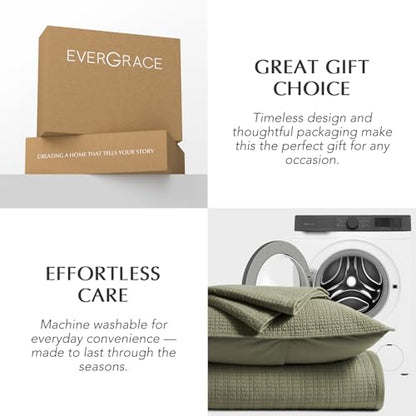 100% Cotton Modern Grid Stitch Quilt Set, Queen Size, Olive Green | Pre-Washed Cotton Coverlet Bedspread, Oversized Lightweight 3-Piece Bedding Set for All Season, with 2 Pillow Shams - color: Olive Green, size: Full/Queen (96" X 94")
