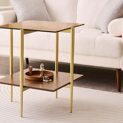 LumFurn Square Glass End Table, Mid-Century Modern Side Table for Living Room, L18xW18xH23inch, Clear Glass and Walnut MDF Wood, Gold Finish Frame - color: L18" Amber & Walnut