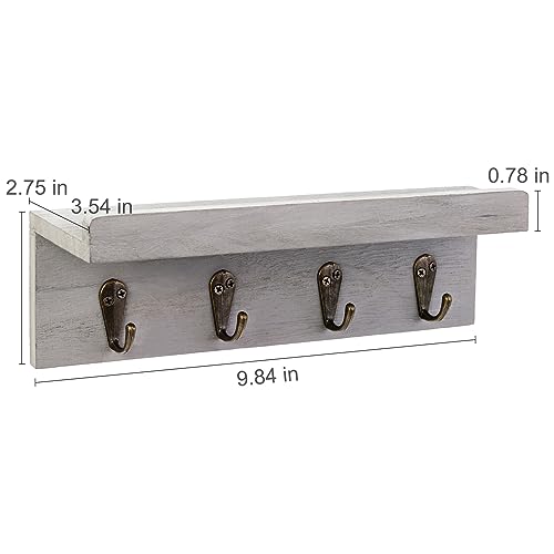 HRONRAD Rustic Key Holder for Wall, Farmhouse Wall Shelf with 4 Hooks, Wall Mounted Key Racks, Wooden Mail Organizer with Hooks for Entryway (Grey) - color: Gray