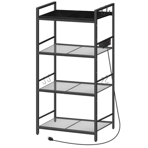 MAHANCRIS Bakers Rack with Power Outlet, Microwave Stand with Hooks, Multifunctional Storage Rack, Coffee Bar with Enclosure, Kitchen Storage Shelf, for Kitchen, Dining Room, Black BRHB40E01 - color: Black