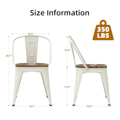 18 Inch White Dining Chairs Set of 4, Farmhouse Metal Chairs with High Back and Wooden Seat, Stackable Industrial Bar stools for Dining Room (White) - color: White