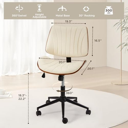 EROMMY Armless Office Desk Chair,Wooden Back Small Office Desk Chair No Arms Adjustable Height Modern Armless Chairs with Swivel Wheels for Small Spaces, Beige - color: Beige