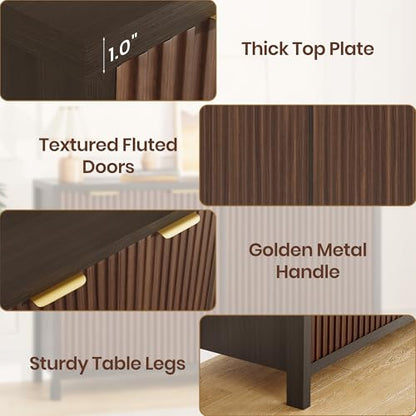 Fluted Buffet Cabinet with Storage, 55" Sideboard Cabinet with 4 Doors, Modern Credenza Accent Console Cabinet Coffee Bar Table for Living Room Dining Room Hallway, Dark Walnut - color: Dark Walnut