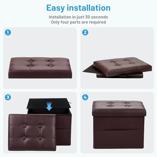 Bsketa Storage Ottoman Bench,17 Inch Folding Leather Foot Rest Stool, Brown | Small Ottoman with Side Pockets, Thicker Foam Padded Seat, Livingroom, Dorm, Bedroom, Easy to install, 43L,17x13x13in - color: Brown-with Side Pockets.