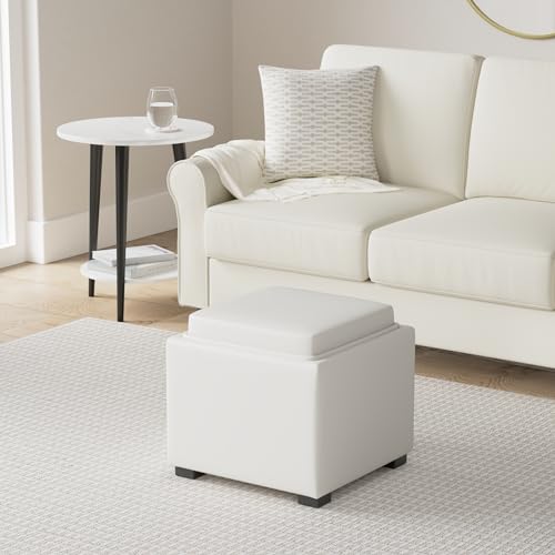 CHITA Storage Ottoman Cube with Tray Lid, Small Footstool with Storage, Square End Table for Living Room and Bedroom, Faux Leather in Light Gray - color: Light Gray