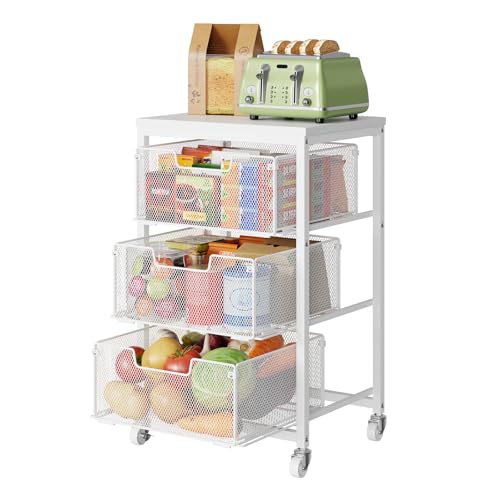 Kitchen Cart with Storage, 3-Tier Pantry Organizer and Storage Cart with Drawer, Fruit Vegetable Storage Cart with Wheels, Wooden Top Metal Wire Kitchen Organizer Rack Stand for Snack Onion Potato - size: 3-Tier White