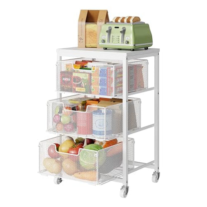 Kitchen Cart with Storage, 3-Tier Pantry Organizer and Storage Cart with Drawer, Fruit Vegetable Storage Cart with Wheels, Wooden Top Metal Wire Kitchen Organizer Rack Stand for Snack Onion Potato - size: 3-Tier White