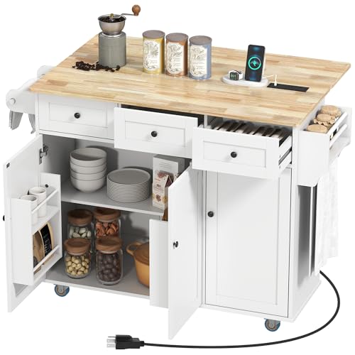 HOMCOM Rolling Kitchen Island Power Outlet Drop Leaf 53" Wood Top White | Island Table, 3 Drawers, Adjustable Shelf, Spice & Towel Rack, Kitchen Cart on Wheels