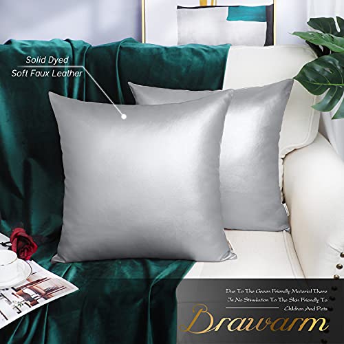 BRAWARM Faux Leather Throw Pillow Covers 16 X 16 Inches - Silver Leather Pilow Covers Pack of 2, Solid Dyed Leather Pillowcases for Couch Bed Sofa Garden Home Decorative - color: Silver, size: 16" x 16" (Pack of 2)