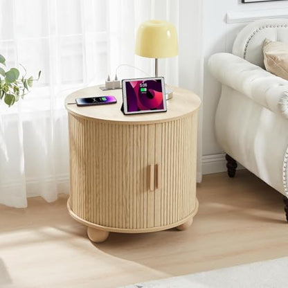 Fluted Round End Table with Charging Station, 24" Side Table,Natural | Large Farmhouse Sofa Side Table Living Room, Mid-Century Wood Nightstand with Sliding Tambour Door & Storage, Round End Table - color: Natural