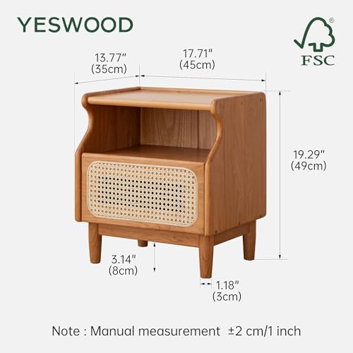 Cherry Wood Nightstand with Drawer, Rattan Nightstand, Natural Wooden Side Table, 19.3" H Bedside Table with Open Shelf, Small Nightstand for Bedroom - color: Natural, size: 1 pc(13.8"D x 17.7"W x 19.3"H)