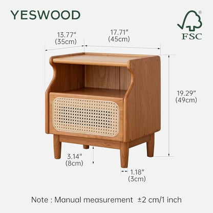 Cherry Wood Nightstand with Drawer, Rattan Nightstand, Natural Wooden Side Table, 19.3" H Bedside Table with Open Shelf, Small Nightstand for Bedroom - color: Natural, size: 1 pc(13.8"D x 17.7"W x 19.3"H)