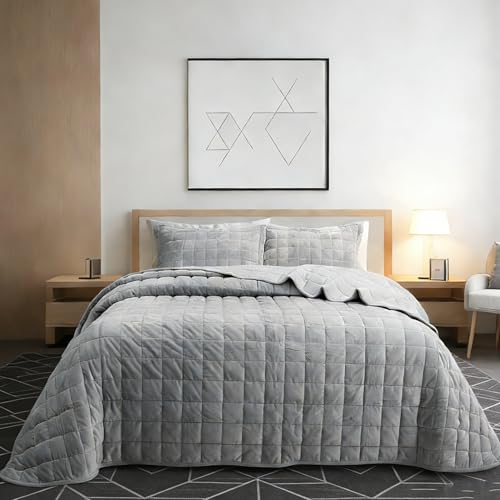 Velvet Quilt Super King Size, Luxury Soft Bedding Set, Lightweight Cozy Warm Quilted 3-Piece Velvet Coverlet Bedspread Sets with 2 Pillow Shams for All Season Grey - color: Grey, size: Super King(128"x120")