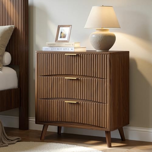 Evermagin 31.5" W Oversized Nightstands Set of 2 with 3 Drawers | Walnut Fluted Nightstand, Tall Large 3 Drawer Bedside Table, Mid Century Modern Side Table for Bedroom, livingroom - color: Walnut, size: 15.78"D x 31.5"W x 29.35"H (3 Drawers)