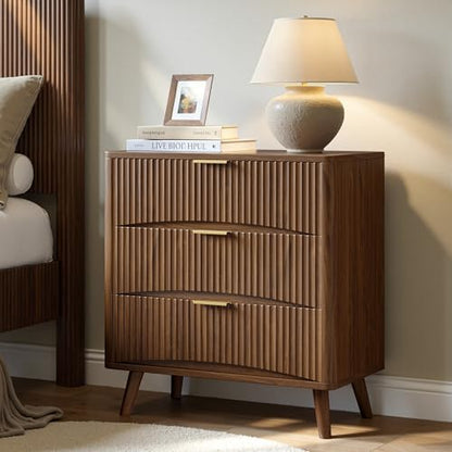 Evermagin 31.5" W Oversized Nightstands Set of 2 with 3 Drawers | Walnut Fluted Nightstand, Tall Large 3 Drawer Bedside Table, Mid Century Modern Side Table for Bedroom, livingroom - color: Walnut, size: 15.78"D x 31.5"W x 29.35"H (3 Drawers)