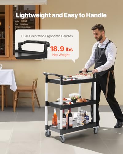VEVOR Utility Cart, 300 lbs Load Capacity, 3-Tier Utility Plastic Cart with 360° Swivel Wheels (2 with Brakes), 24.4 x 16.1-inch Food Service Cart for Warehouse, Office, Home, Restaurant, Kitchen | Utility Cart Equipped with Brake Casters, Multi-Purpose S