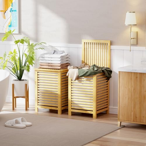SMIBUY Double Laundry Hamper with Lid, 120L Bamboo Laundry Basket with Removable Liner Bag, 2-Section Clothes Divider Laundry Sorter for Laundry Room, Bathroom, Bedroom (Natural) - color: Natural