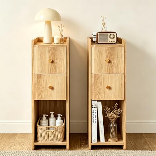 Narrow Nightstand Set of 2, Wooden Small 2 Drawer Nightstand, Slim Side End Table, Skinny Bedside Table, Mid Century Modern Night Stand with Drawers for Bedroom (Natural 2-2 pcs) - color: Natural 2-2 Pcs
