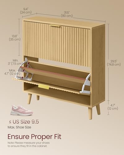 VASAGLE MAXE Collection - Shoe Storage Cabinet with 2 Flip Drawers, Freestanding Narrow Shoe Rack Organizer for Entryway, Fluted Doors, Fits 12-16 Pairs, Mid Century Modern, Oak Beige UHSC202YC03S | Freestanding Shoe Rack Organizer, Fluted Doors, Mid Cent