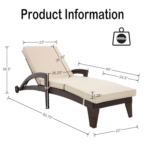 Patio Chaise Lounge Set of 6, Wicker Lounge Chairs Outdoor with Wheels, Heavy Duty Lounger Chair Outdoor, Wicker Chaise Lounges with Armrests All Weather, Khaki - color: Khaki, size: 6 pack
