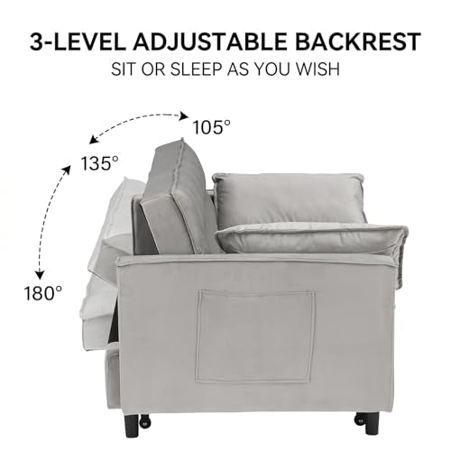 3 in 1 Convertible Sleeper Sofa Bed, Velvet Loveseat Futon Pull-Out Couch with Adjustable Reclining Backrest, Side Pockets and Pillows for Living Room, Bedroom, Apartment, Small Spaces (Gray-Velvet) - color: Gray-velvet