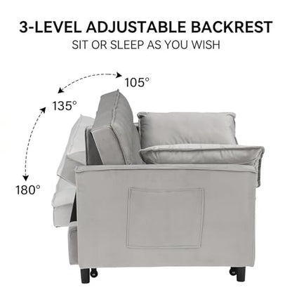 3 in 1 Convertible Sleeper Sofa Bed, Velvet Loveseat Futon Pull-Out Couch with Adjustable Reclining Backrest, Side Pockets and Pillows for Living Room, Bedroom, Apartment, Small Spaces (Gray-Velvet) - color: Gray-velvet