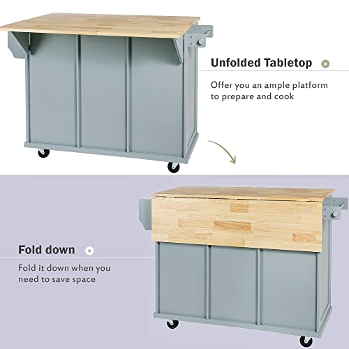Kitchen Island, Rolling Kitchen Cart with Drop Leaf Top | Drop leaf countertop expands prep and serving space, folds down to save room in compact kitchens or dining areas - color: Blue + Mdf + Rubber Wood
