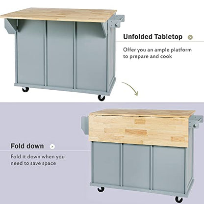 53'' Rolling Kitchen Island with Storage, Large Kitchen Cart On Wheels with Drop Leaf & Power Outlet & Drawers, Mobile Kitchen Table with 3 Drawers, for Dining Room (Grey Blue) - color: Grey Blue