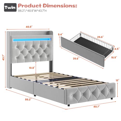 Garvee Twin Upholstered LED Bed Frame with Storage Headboard, Gray | Twin Bed with Charging Station and 2 Drawers, Soft Velvet Princess Platform Bed for Kids, No Box Spring Needed, Easy Assembly - color: Grey, size: Twin
