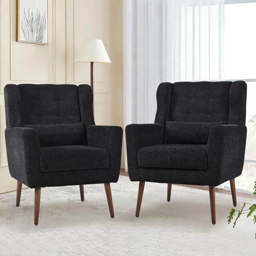 Accent Chair Set of 2, Upholstered Armchair with Pillow, Fabric Single Sofa Chair with Lounge Seat and Wood Legs Accent Chair for Living Room Small Spaces (Black, Set of 2) - color: Black, size: Set of 2