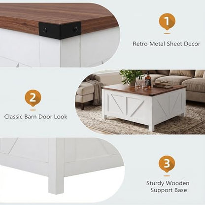 35” Farmhouse Coffee Table with Large Storage, Rustic Wood Lift Top Coffee Table for Living Room, Square Center Table with Charging Station&USB, Modern Port Pottery Barn Lift top Table - color: White